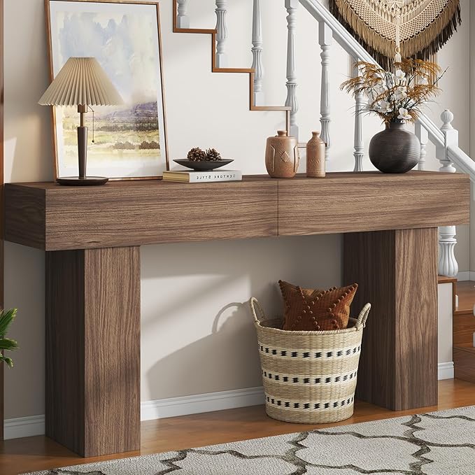 63 Inch Long Console Table for Entryway, Farmhouse Wood Rectangular Sofa Table Behind Couch Table, Narrow Entryway Table for Living Room, Entrance, Hallway, Foyer, Easy Assembly (Brown)-Ruum Studio Home