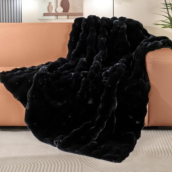 Black Fluffy Thick Fur Throw Blanket 50x60 for Bed Couch Office Chair Bunny Soft Blanket for Adults Gift Home Living Room Decorative Decor 860 GSM-Ruum Studio Home