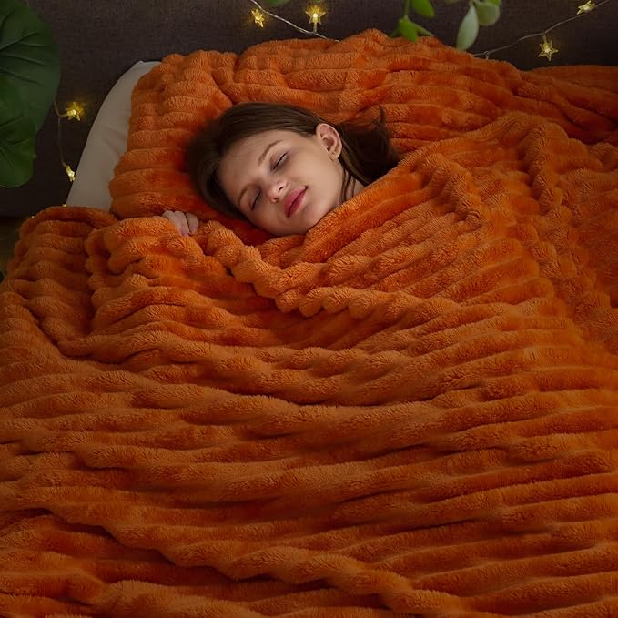 NEWCOSPLAY Super Soft Fall Queen Blanket Orange Premium Silky Flannel Fleece 3D Ribbed Jacquard Lightweight Bed Blanket All Season Use (Orange Ribbed, Queen(90"x90"))-Ruum Studio Home