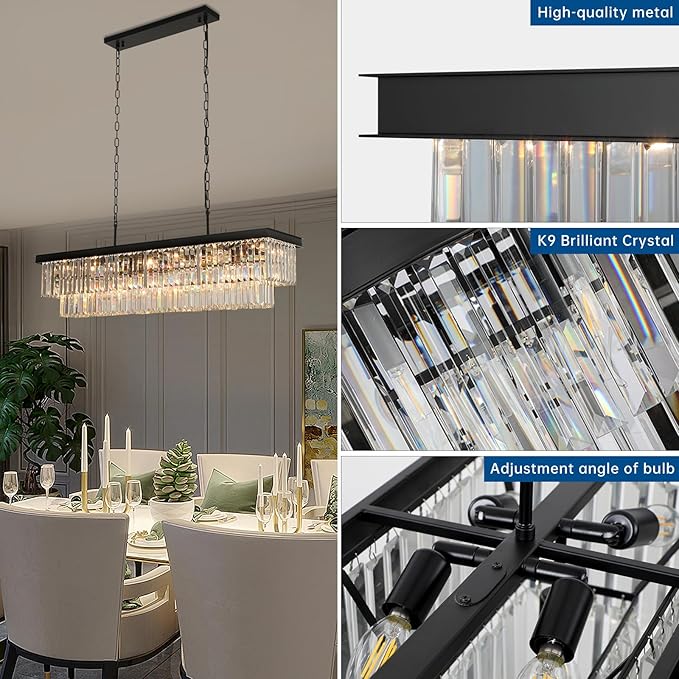 Crystal Chandeliers for Dining Room Light Fixtures Over Table，18-Lights Black Modern Rectangle Chandeliers for Kitchen Island Bar L46 Inch-Ruum Studio Home