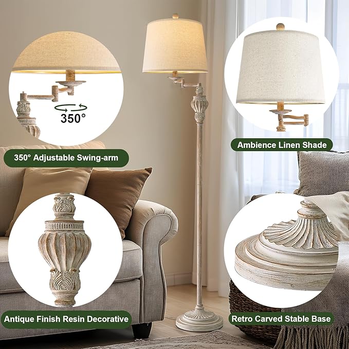 61" Vintage Floor Lamp with 350° Adjustable Swing Arm, Tall lamp Standing Lamp for Bedroom Living Room Bedside Nightstand Retro Farmhouse Mid Century Lamp Light Home Décor Office Gifts-Ruum Studio Home