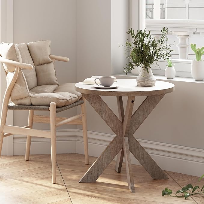 Farmhouse Cross Leg end Table, French Country Accent Side Table for Family, Dinning or Living Room, Small Spaces, Modern, Round, Vintage Grey Finish.-Ruum Studio Home