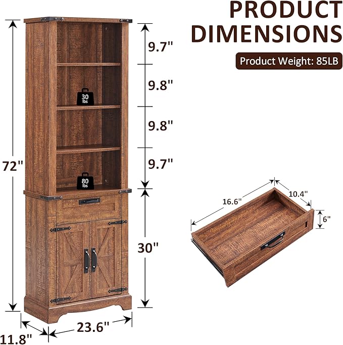 OKD 72'' Tall Bookshelf with Storage, Farmhouse 4 Tier Bookcase w/Barn Door, Adjustable Shelves and Drawers, Rustic Wooden Office Bookshelves for Home, Living Room, Library (Reclaimed Barnwood Color)-Ruum Studio Home