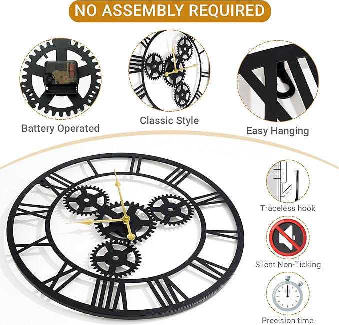 24inches/60cm Wall Clocks for Living Room Deco Non Ticking Silent Battery Operated Metal Modern Vintage Roman Numeral Oversized Gear Wall Clocks for Bedroom Kitchen Fireplace Office Farmhouse-Ruum Studio Home