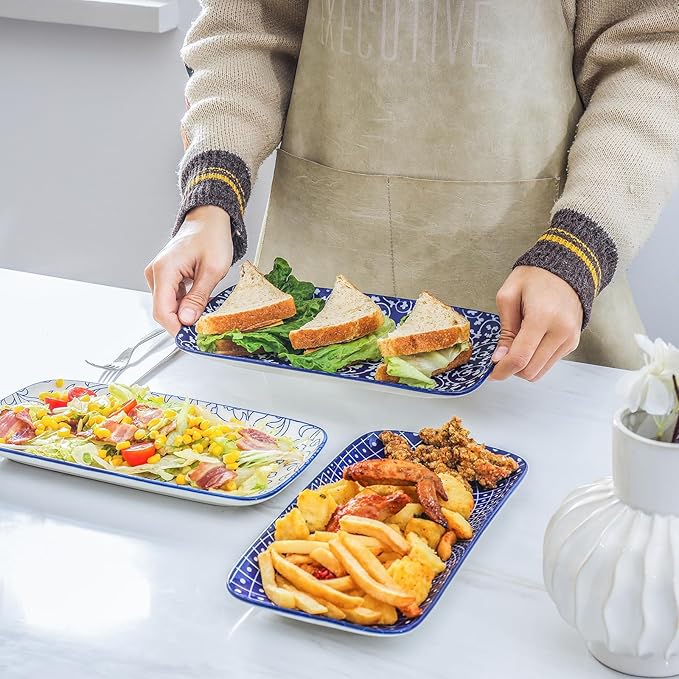 Selamica Ceramic Serving Platters, 12 Inch Serving Trays for Party Entertaining, Large Rectangular Serving Plates for Food, Set of 6, Vintage Blue-Ruum Studio Home