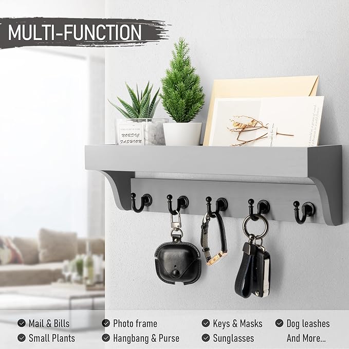 Rebee Vision Decorative Key Holder for Wall - Modern Farmhouse Wall Mount Mail Organizer Keys Hanger with Floating Shelf, 5 Rustic Key Hooks for Entryway Home Decor (Gray)-Ruum Studio Home