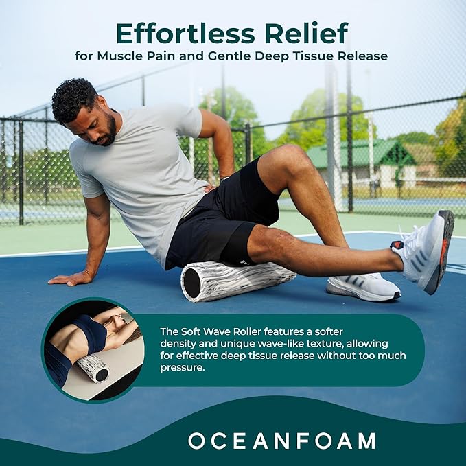 Oceanfoam Soft Tidal Roller (Black Marbled) - Low Density Foam Roller for Physical Therapy, Back Pain, Excercise & Stretching - Wave Textured - Yoga, Athletics, & Wellness - Full Size, 20" x 5"-Ruum Studio Home