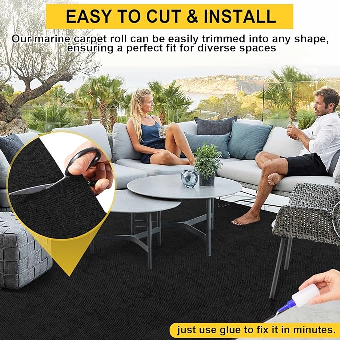 Marine Carpet - 6 FT x 10 FT Black Indoor Outdoor Rug (0.2" Thick) with Water-Proof TPE Backing, Non-Slip Outdoor Marine Carpet Roll for Home, Patio, Porch, Deck-Ruum Studio Home