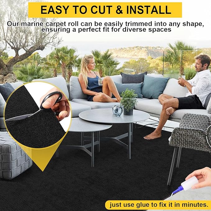 Marine Carpet,6 FT x 23 FT Black Indoor Outdoor Carpet 0.2" Thick Boat Carpet with Water-Proof TPE Backing, Non-Slide Outdoor Marine Carpet Roll for Home, Patio, Porch, Deck-Ruum Studio Home