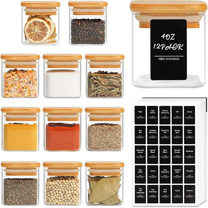 ComSaf 12Pcs Glass Spice Jars with Bamboo Lid, 4oz Airtight Square Spice Containers with 275 Black Lables, Empty Seasoning Jars for Spice Salt Sugar-Ruum Studio Home