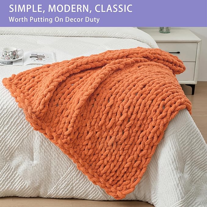 Bigacogo Chunky Knit Throw Blanket for Couch, 40x40 inches, 100% Hand Knitted with Thick Jumbo Chenille Yarn, Cozy Soft Large Rope Knot Cable Crochet Blankets for Sofa Bed Living Room, Terracotta-Ruum Studio Home