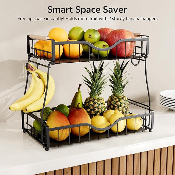 2 Tier Fruit Basket with 2 Banana Hangers, Fruit Bowl for Kitchen Countertop with 2 Wooden Handle, Detachable Metal Fruit Holder for Vegetable Bread with 2 Protective Pads, Black-Ruum Studio Home