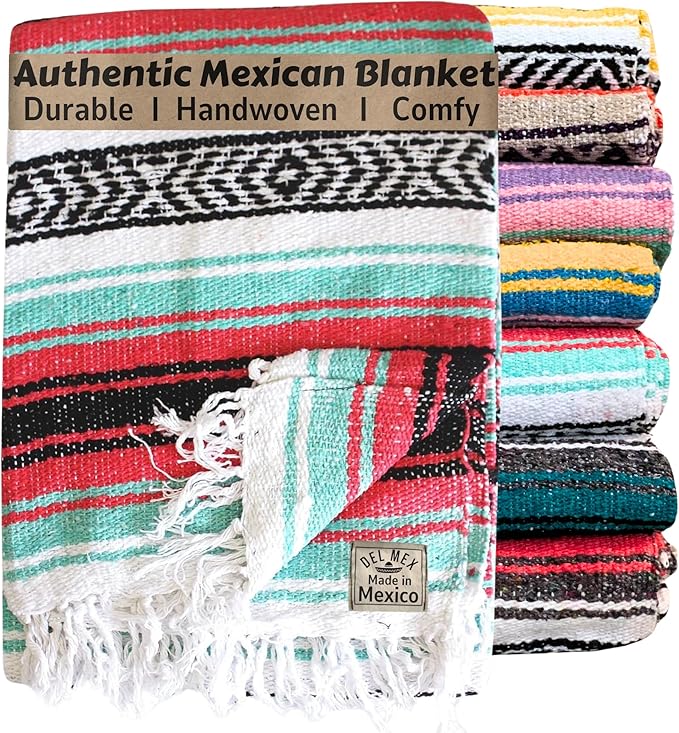 Del Mex Classic Mexican Blanket, Large Authentic Woven Falsa Throw (70"x50"), Artisan Southwest Décor for Beach, Yoga, Outdoors (Pink/Mint)-Ruum Studio Home