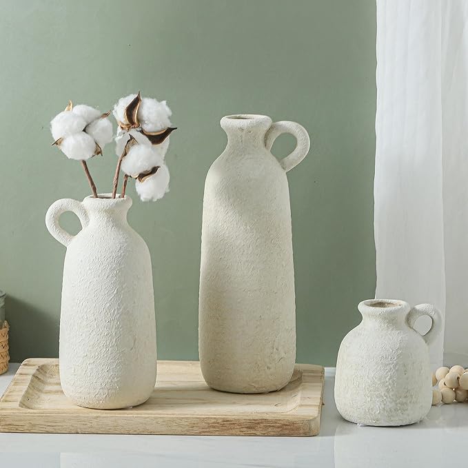 Ceramic Vase Set of 3 with Handle, Neutral Rustic Vases Home Decor Farmhouse Decorative Vase Whitewashed Pottery Decor Modern for Table Mantel Entryway Bookshelf Living Room Kitchen Bedroom - White-Ruum Studio Home