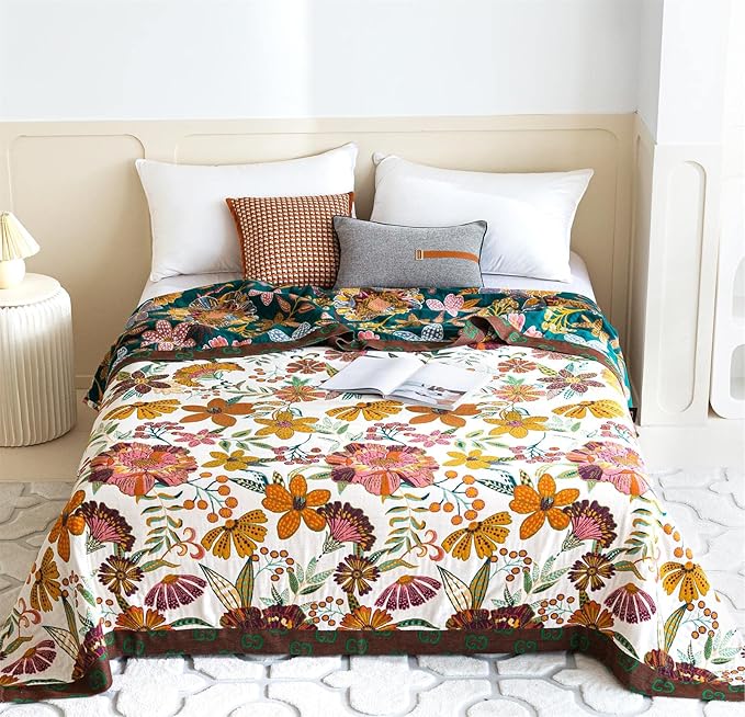 Summer Throw Blanket for Couch Bed Chair, 100% Cotton Muslin Breathable Woven Throws 60''x 80'' Boho Vintage Quilt for All Seasons Warm Lightweight Farmhouse Blankets Home Decoration-Ruum Studio Home