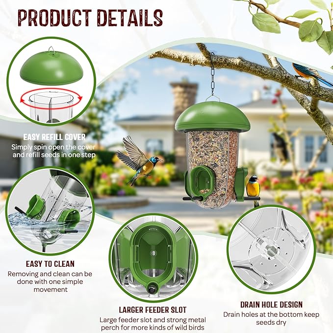 LONA Bird Feeders for Outdoors Hanging – 3 Separate Compartments, 3 Feeding Ports, Weatherproof Dome & 3 Ways to Hang, Large Capacity for Cardinals/Finches (Green，Plus-Ruum Studio Home