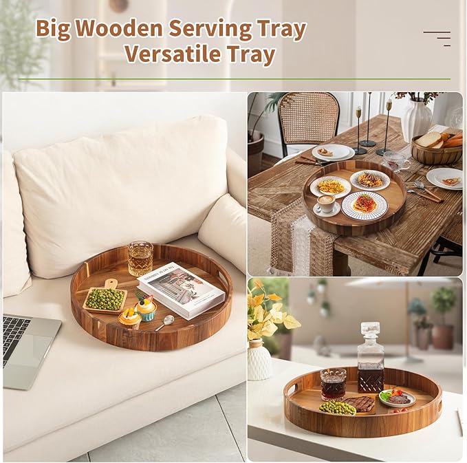 Large Ottoman Tray, 22" Big Ottoman Tray for Living Room, Large Serving Tray with Handles for Coffee Table Kitchen Counter,Great Round Wooden Trays with 4 Round Coasters for Appetizers, Dinner-Ruum Studio Home