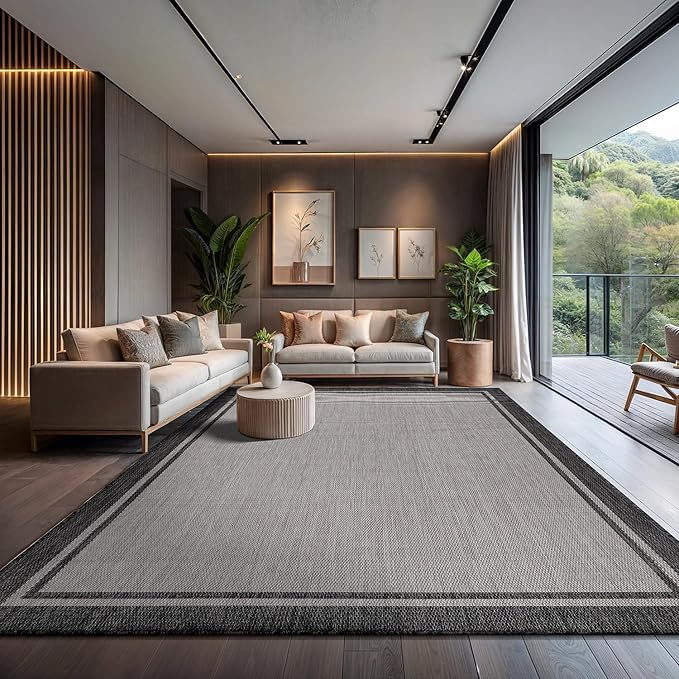 CAMILSON Indoor Outdoor Rug, 10x14 Bordered Gray Modern Area Rugs for Large Indoor and Outdoor Patios, Kitchen and Hallway Mats, Washable Porch Deck Outside Carpet (Bordered Grey, 10 x 14)-Ruum Studio Home