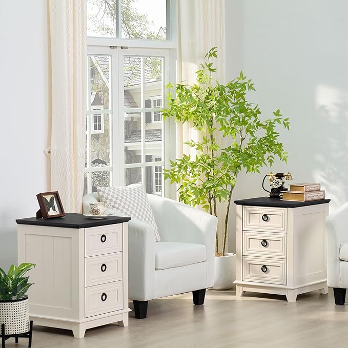 Farmhouse Night Stand Set of 2, 18" End Table with 3 Drawer Metal Handle, Dresser for Bedroom, Sofa Bed Side Table Chest of Drawers,Wood Nightstand Cabinet for Organizer, Living Room-White-Ruum Studio Home