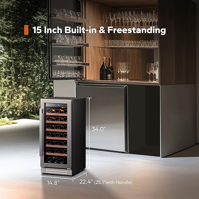 Ca'Lefort 15 Inch Wine Fridge, 28 Bottle Wine Cooler Refrigerator, 40-65°F Wine Refrigerator Glass Door, 3 LED Dual Zone Wine Fridge, Built-in or Freestanding Fridge for Home/Bar/Kitchen (3.0 cu.ft)-Ruum Studio Home