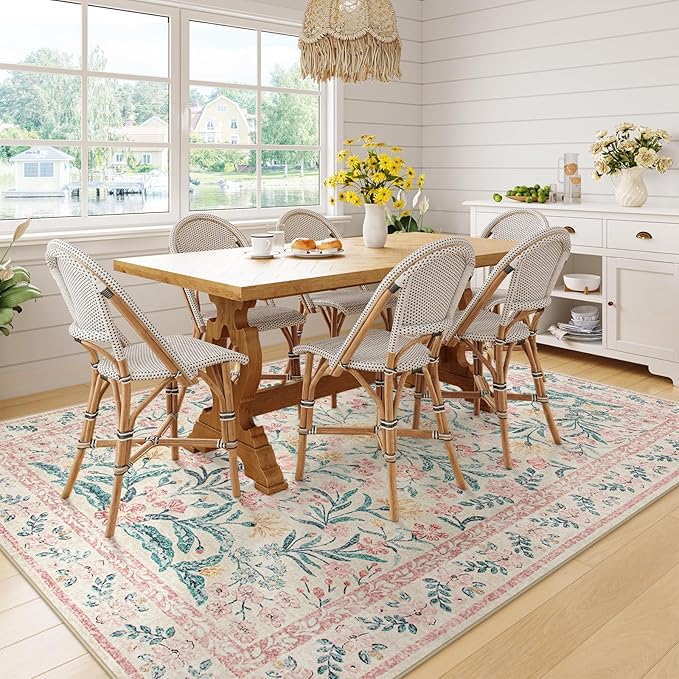 Wonnitar Washable Area Rug 6x9, Pink Floral Rugs for Bedroom Girls Soft Living Room Carpet Ultra-Thin, Boho Non Slip Non-Shedding Pastel Nursery Carpet for Kids Room Playroom Dorm-Ruum Studio Home