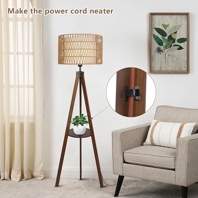 Boho Tripod Floor Lamp with Shelves, Mid Century Wood Standing Lamp with Rattan & Fabric Shades, ON/Off Foot Switch, Modern Farmhouse Tall Floor Lamps for Living Room Bedroom Office-Ruum Studio Home