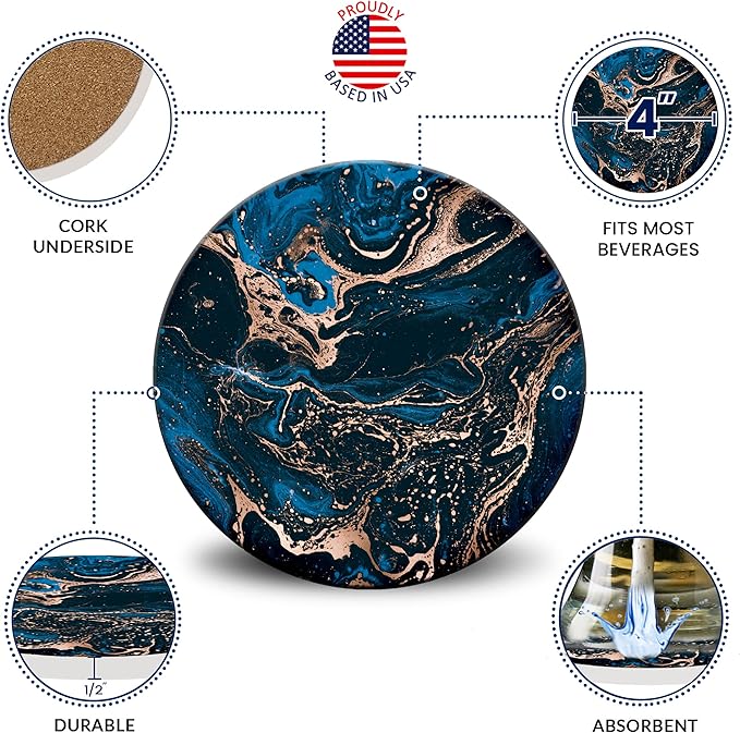 Emerson Coasters for Drinks Absorbent – Natural Stone Drink Coasters Set with Holder, Coasters for Coffee Table, Wooden Tabletop Protection Marble Style – 100% Heavy Duty Set of 6 (Royal)-Ruum Studio Home
