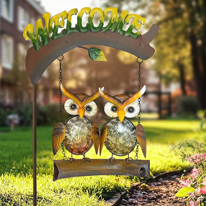 HONGLAND Solar Lights Outdoor Decor, Owl Swing Garden Decor, Owl Gifts for Women Mom, Whimsical Garden Lights Outdoor Decorations with Welcome Sign for Outside Patio Yard Lawn Decor-Ruum Studio Home