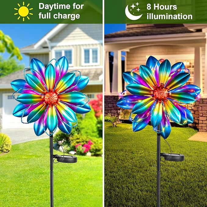 Flower Solar Wind Spinners- Metal Colorful Spinning Windmill Garden Ligths with LED Outdoor Decorative Stake Lighting Waterproof Flower Sculpture for Patio Yard-Ruum Studio Home