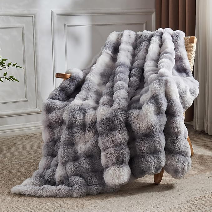 Lotus Karen Faux Fur Blanket Tie-Dye Gray - Big Bubble Rabbit Fluff King Throws for The Bed Large Fluffy Fuzzy Cozy Thick Furry Plush Shaggy Blankets for Men 108x90 Inches-Ruum Studio Home
