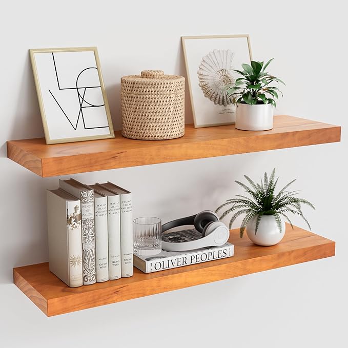 Honey Oak Brown Floating Wall Shelves 24 Inches Long x 8”x 1.4” Wooden Shelf Floating Rustic Farmhouse Decor, Heavy Duty Shelf Hold 60 lbs, Wall Shelves for Bathroom Living Room Kitchen Bedroom Office-Ruum Studio Home