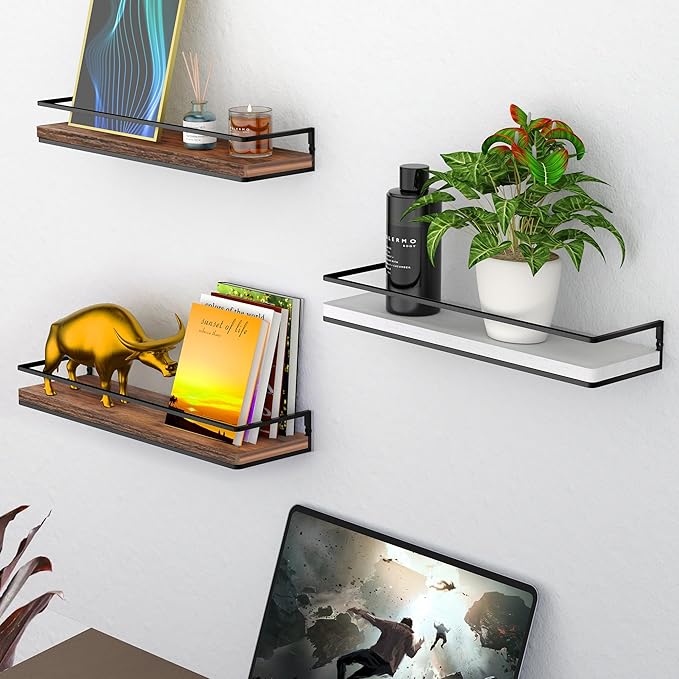 Meangood Floating Shelves Wall Mounted Set of 2, Rustic Wood Wall Storage Shelves for Bedroom,Living Room,Bathroom, Kitchen Rustic Brown-Ruum Studio Home