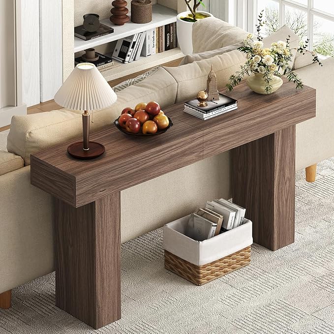 63 Inch Long Console Table for Entryway, Farmhouse Wood Rectangular Sofa Table Behind Couch Table, Narrow Entryway Table for Living Room, Entrance, Hallway, Foyer, Easy Assembly (Brown)-Ruum Studio Home