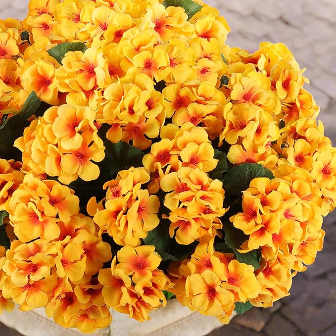 Hananona 12 Pcs Artificial Geranium Flowers for Outdoors Geranium Silk Yellow Flowers Outdoor UV Resistant Garden Plants Faux Fall Flower for Home Kitchen Table Centerpieces Decor (12, Yellow)-Ruum Studio Home