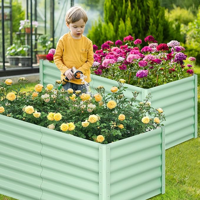 Galvanized Raised Garden Bed Outdoor, 2 Pcs 6x3x2FT Outdoor Large Planter Raised Beds Open Base with Safety Edge and Glove for Vegetables Flowers Ground Planter, Green-Ruum Studio Home