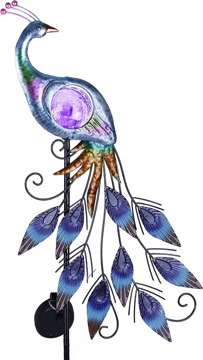 TERESA'S COLLECTIONS Solar Garden Lights Outdoor Garden Decor, Metal Peacock Decorations for Yard, 33'' Purple Decorative Garden Stake for Outside with Crackle Glass Ball, Lawn Party Gifts for Mom-Ruum Studio Home