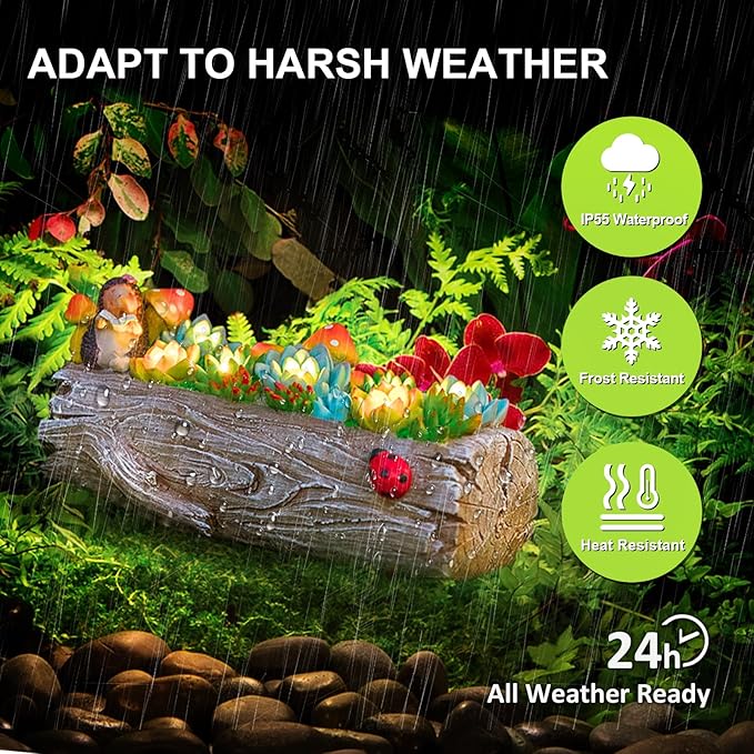 Garden Solar Figurine Light - Stump Succulent Solar Light Outdoor, Solar Powered Lighting Outside Decorations Yard Art Lawn Ornaments for Porch Patio Balcony - Succulent Gifts for Women Mom-Ruum Studio Home