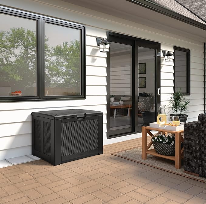 Rubbermaid Medium Resin Outdoor Storage Deck Box (74 Gal), Weather Resistant, Black, Deck Organization for Home/Backyard/Pool Chemicals/Toys/Garden Tools/Porch/Patio Cushions-Ruum Studio Home