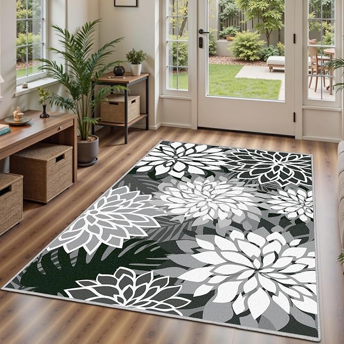 Area Rug 3x5 Black White Washable Entry Rug Multicolored Tropical Botanical Modern Floral Indoor Kitchen Door Mat Entrance Carpet Non Slip for Bedroom Living Room, Porch-Ruum Studio Home