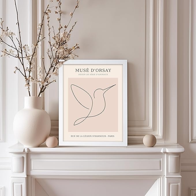 Poster Master Vintage Poster - Retro One Line Hummingbird Drawing Print - Bird Line Art - Minimal Gift for Him, Her, Animal Lover - Abstract Decor for Home, Office, 8x10 White Framed-Ruum Studio Home