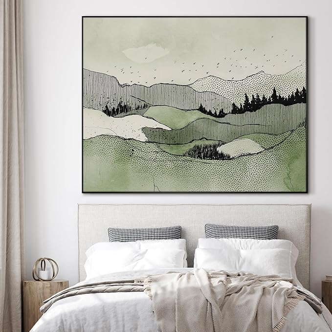 SIGNWIN 60"x72" Extra Large Framed Wall Art Green Line Art Mountain Landscape Illustration for Home Living Room Bedroom Decor (Frame Assembly Required)-Ruum Studio Home