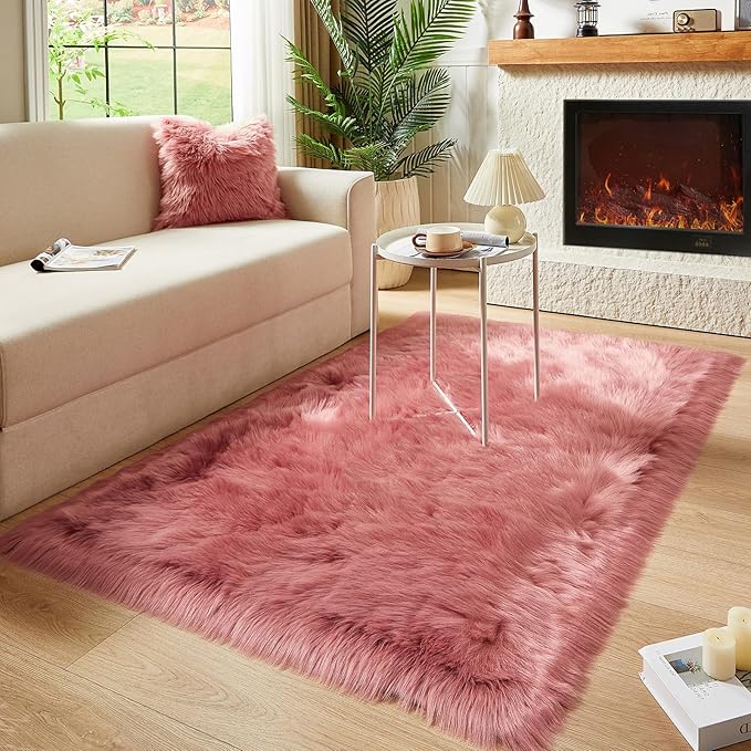 AMTOVO Faux Fur Sheepskin Rug for Living Room, 4 x 6 ft Blush Pink Fluffy Area Rug for Bedroom, Playroom, Luxury Room Decor, Rectangle-Ruum Studio Home