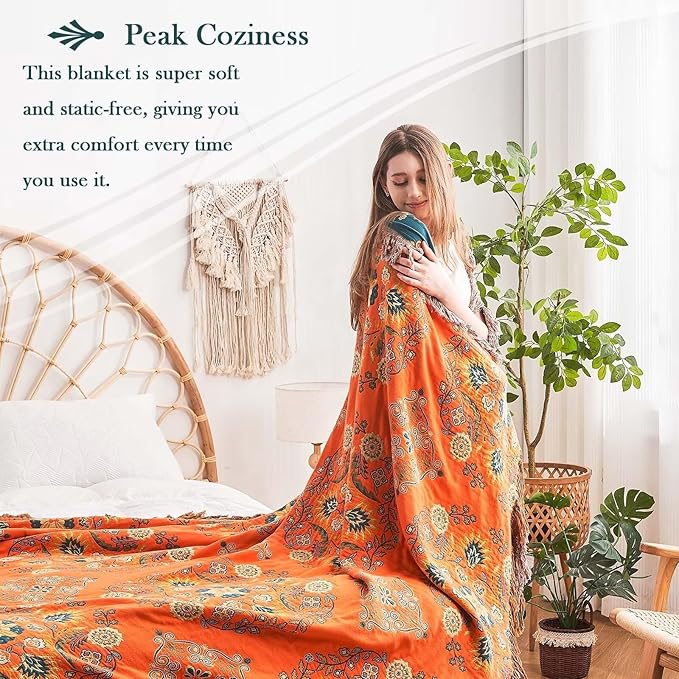 Boho Throw Blanket, 100% Cotton Ultra Soft Luxury Throw Rustic Quilt, 80"x90" Floral Printed Farmhouse Decor Bed Summer Blankets, All Season Rustic Reversible Bohemian Throw for Bed - Orange-Ruum Studio Home
