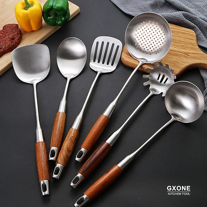Spaghetti Spoon,304 Stainless Steel Pasta Spoon with Heat Resistant Wooden Handle,Silver/14.2Inch-Ruum Studio Home