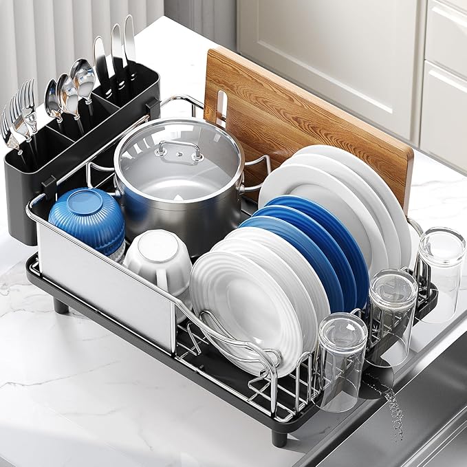Stainless Steel Dish Drying Rack - Large Capcity 304 Grade Dish Drainer for Kitchen Counter with Drain Board, Utensil Holder & Detachable Cup Shelf, Rustproof Multifunctional Organizer-Ruum Studio Home