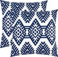 HWY 50 Navy Blue Decorative Throw Pillow Covers 18x18 Inch, Pack of 2 Embroidered Cotton Farmhouse Cushion Cover Pillow Case for Sofa Couch Living Room Bed Bedroon, Diamond Geometric Design-Ruum Studio Home