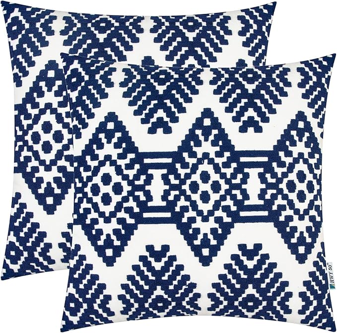 HWY 50 Navy Blue Decorative Throw Pillow Covers 18x18 Inch, Pack of 2 Embroidered Cotton Farmhouse Cushion Cover Pillow Case for Sofa Couch Living Room Bed Bedroon, Diamond Geometric Design-Ruum Studio Home