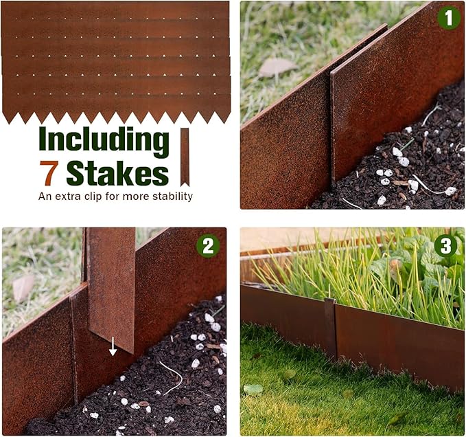 Worth Garden 6 Pack Cor-Ten Steel Landscape Edging w/Rust Patina Finish - 40" L x 8" H Strips - Hammer-in 14-Gauge Metal Corten Edging Border w/ 7 Clips & Gloves - Edge for Lawn Yard (20Ft Total)-Ruum Studio Home