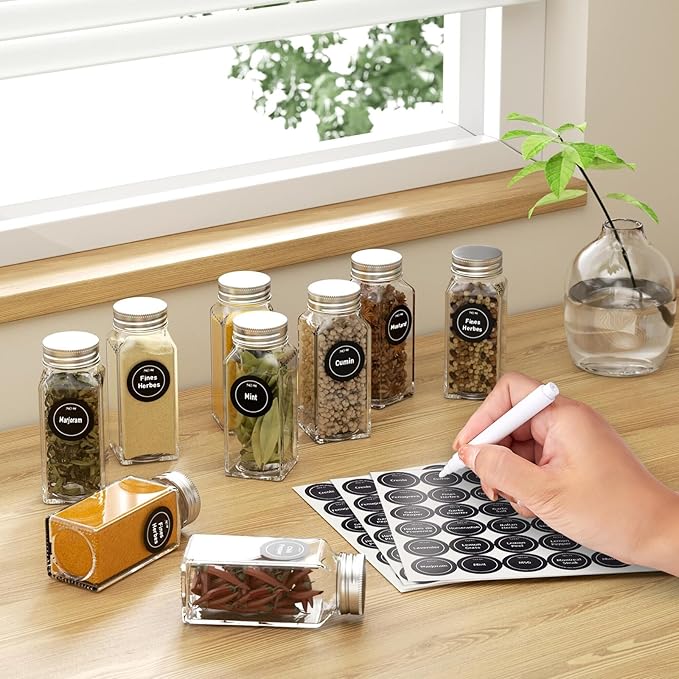 4 Pack Magnetic Spice Rack with 24 Spice Jars, Spice Labels, Chalk Marker and Funnel Set, Magnetic Spice Organizer Shelf for Refrigerator, Microwave, Seasoning Organizer for Kitchen-Ruum Studio Home