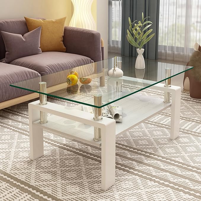 Glass Coffee Table Rectangle Living Room Center Table, with Transparent Tempered Glass Tabletop and White MDF Layer,for Living Room and Office, Transparent +White-Ruum Studio Home